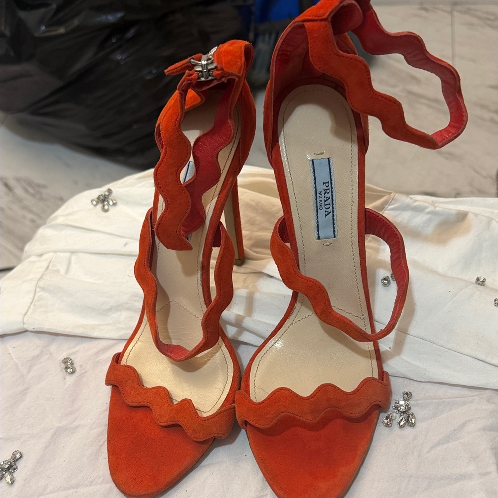 Prada Orange Suede Heeled Sandals